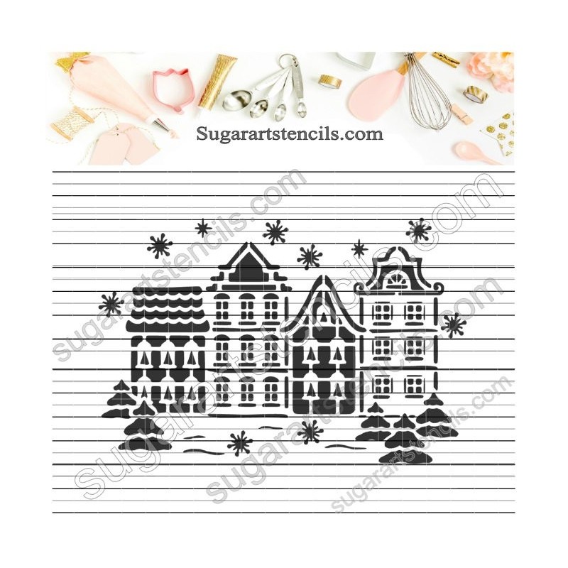 Christmas village houses cookie stencil ST00928